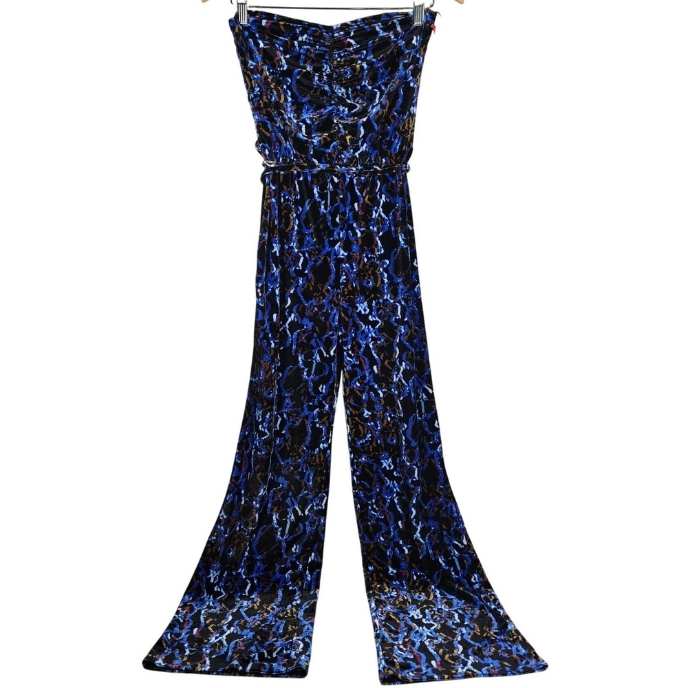 Open Edit Black Blue‎ Abstract Print Smocked Strapless Wide Leg Jumpsuit S